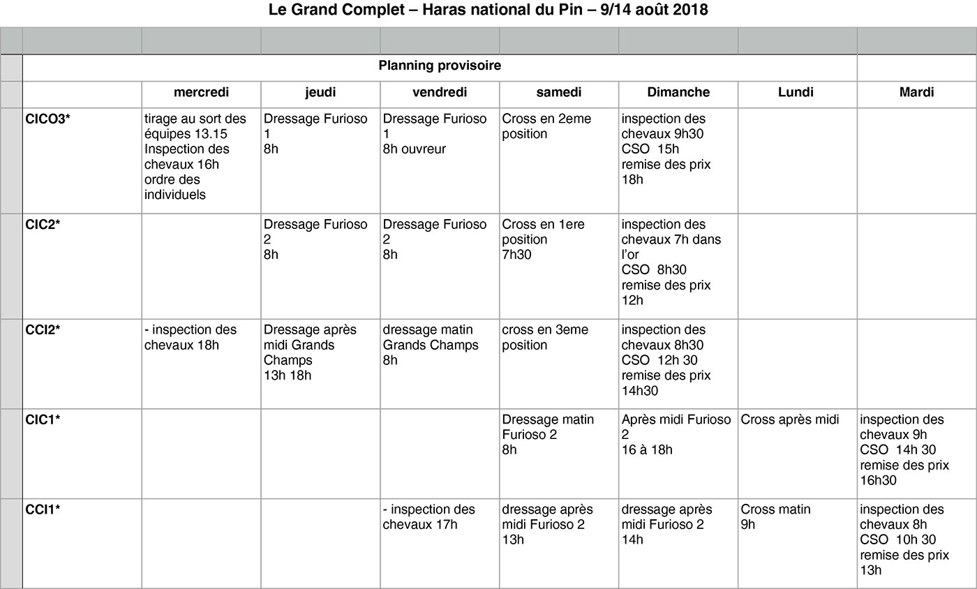 Planning Le Grand Complet 2018